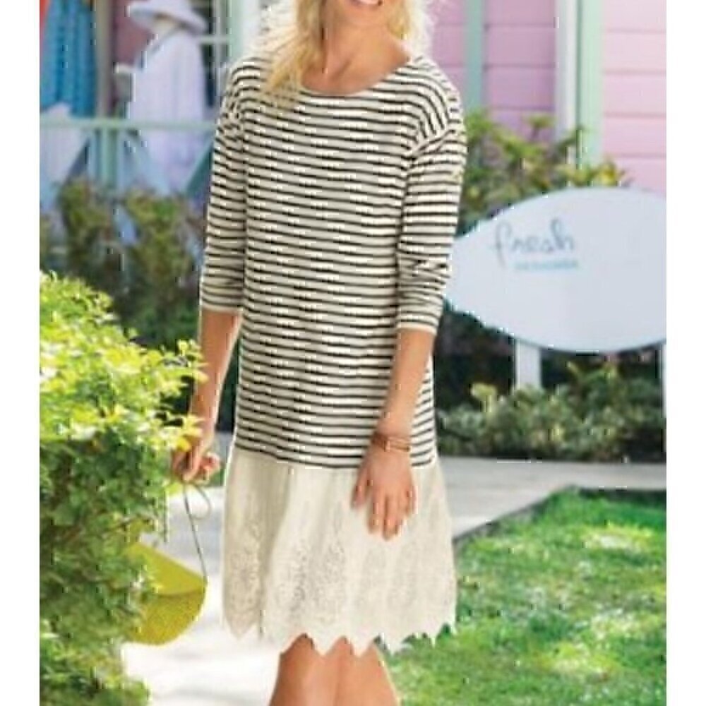 SOFT SURROUNDINGS Left Bank Dress Eyelet Hem Striped Lace detail boho PL